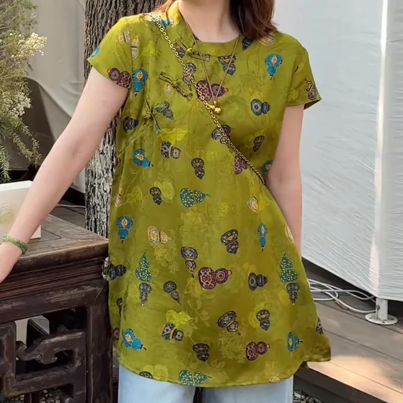 新中式绿色葫芦纹衬衫女2025夏季新款温婉大方中长款透气盘扣上衣