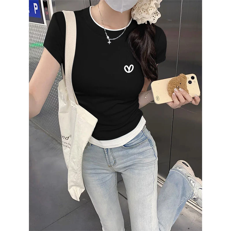 假两件正肩简约短袖T恤女2025新款收腰褶皱上衣修身显瘦黑色夏季