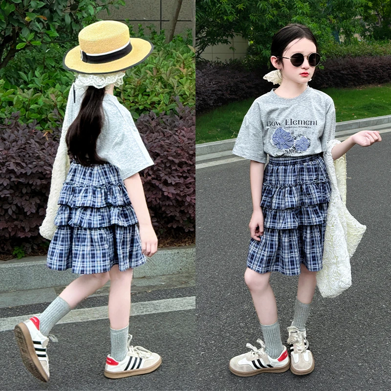 女童套装2025新款中大童时尚夏装洋气时髦短袖半身格子裙两件套潮