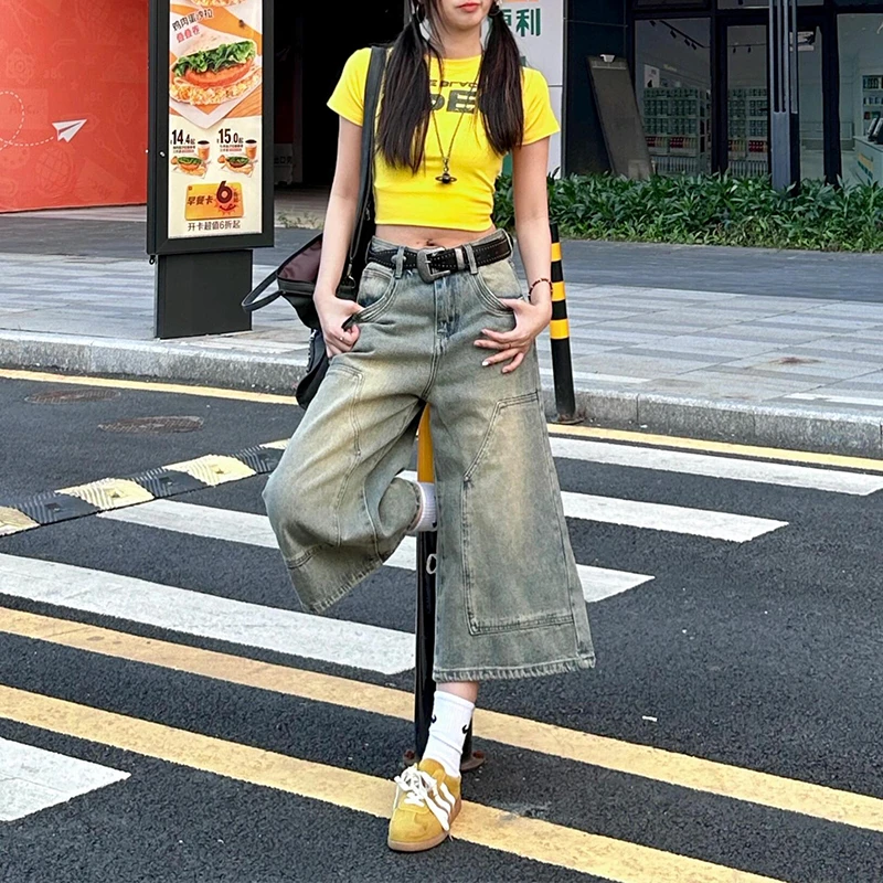 大码小个子复古水洗七分牛仔裤女夏季新款阔腿宽松显瘦垂感直筒裤