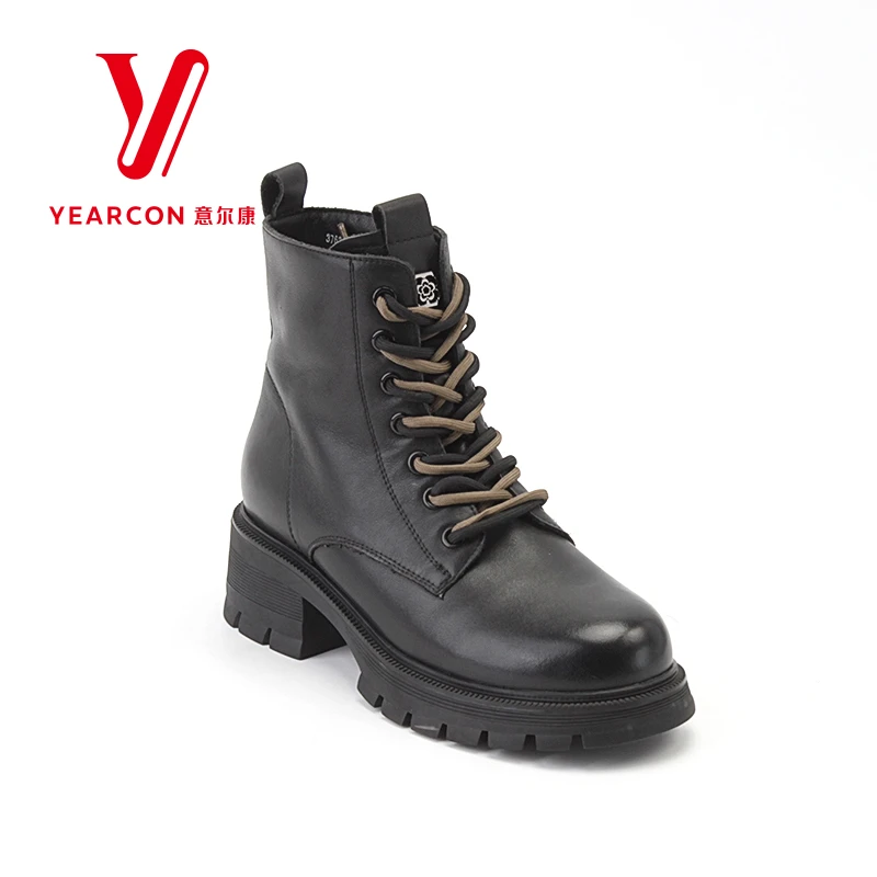 意尔康女靴真皮马丁靴女英伦风冬季新款加绒加厚棉靴羊毛靴05962L