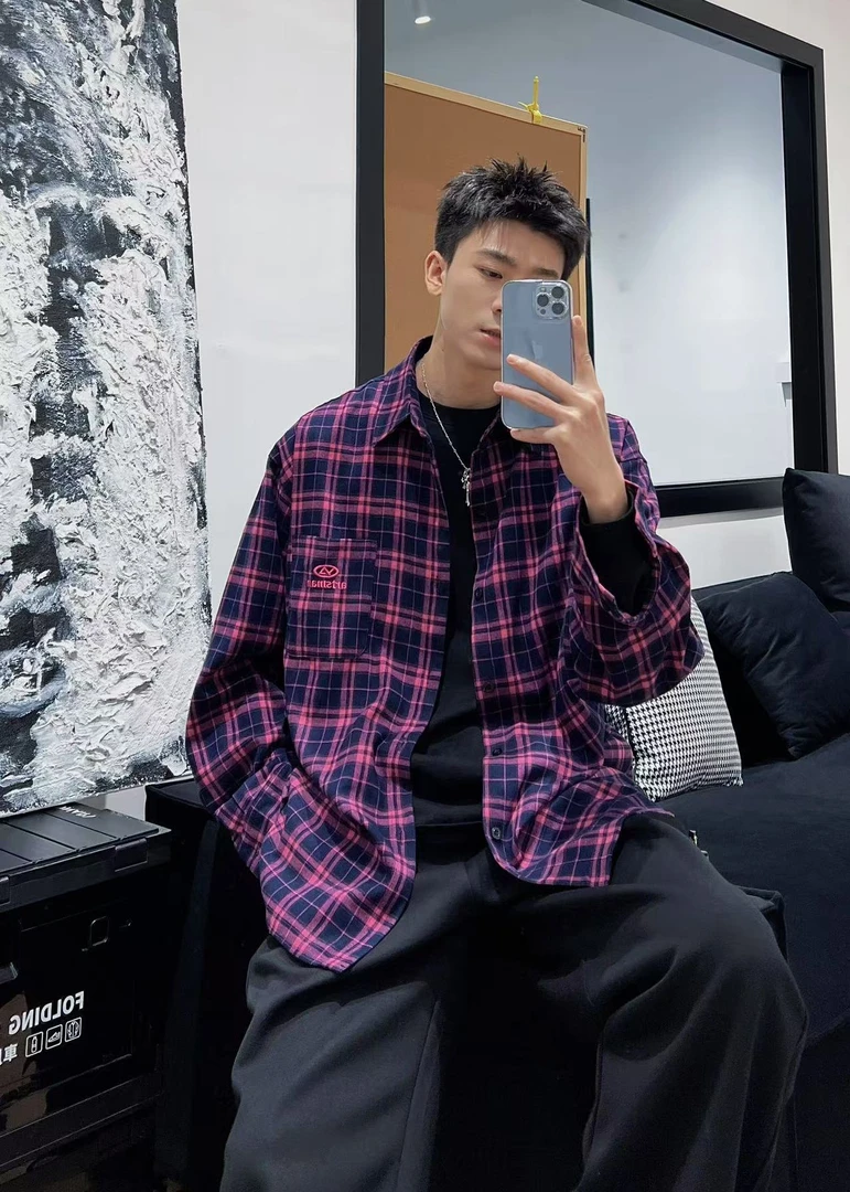 YJ玖柒港风复古格子衬衫男女休闲宽松翻领刺绣潮流衬衣情侣DX877