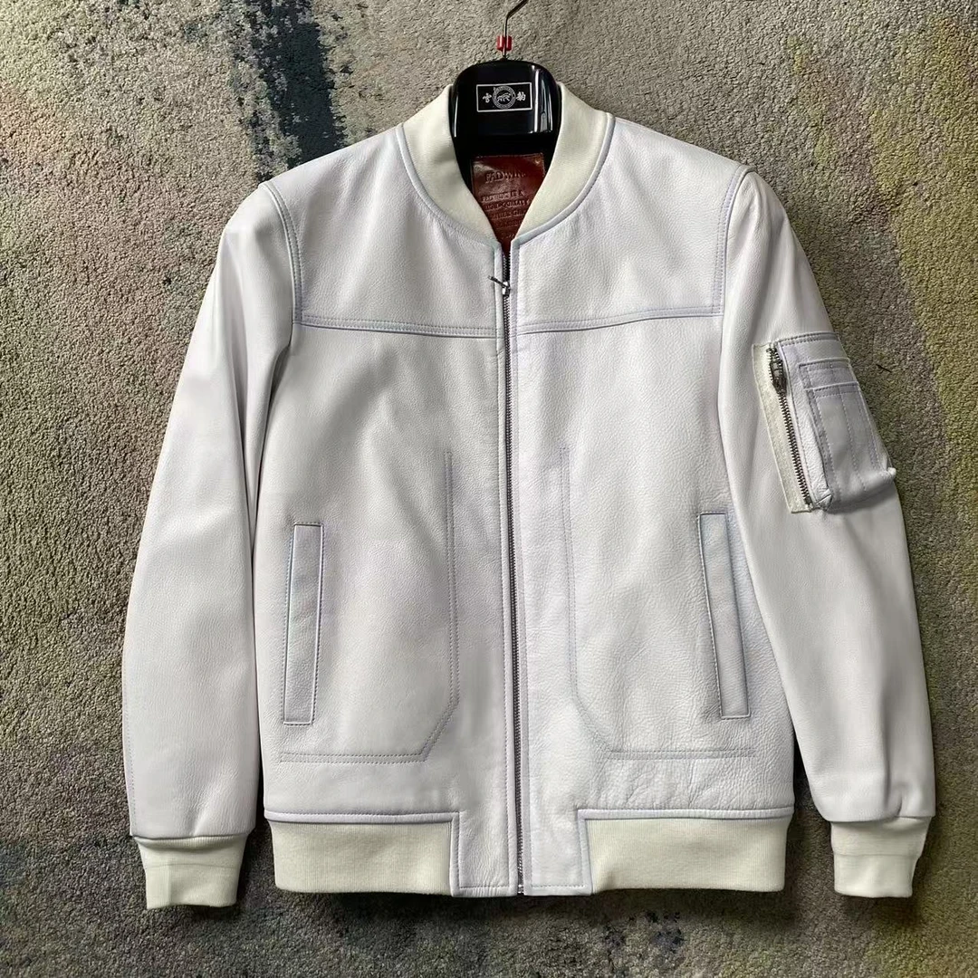 21755男款白色真皮皮衣休闲上衣2022春秋新款棒球服夹克ins短外套