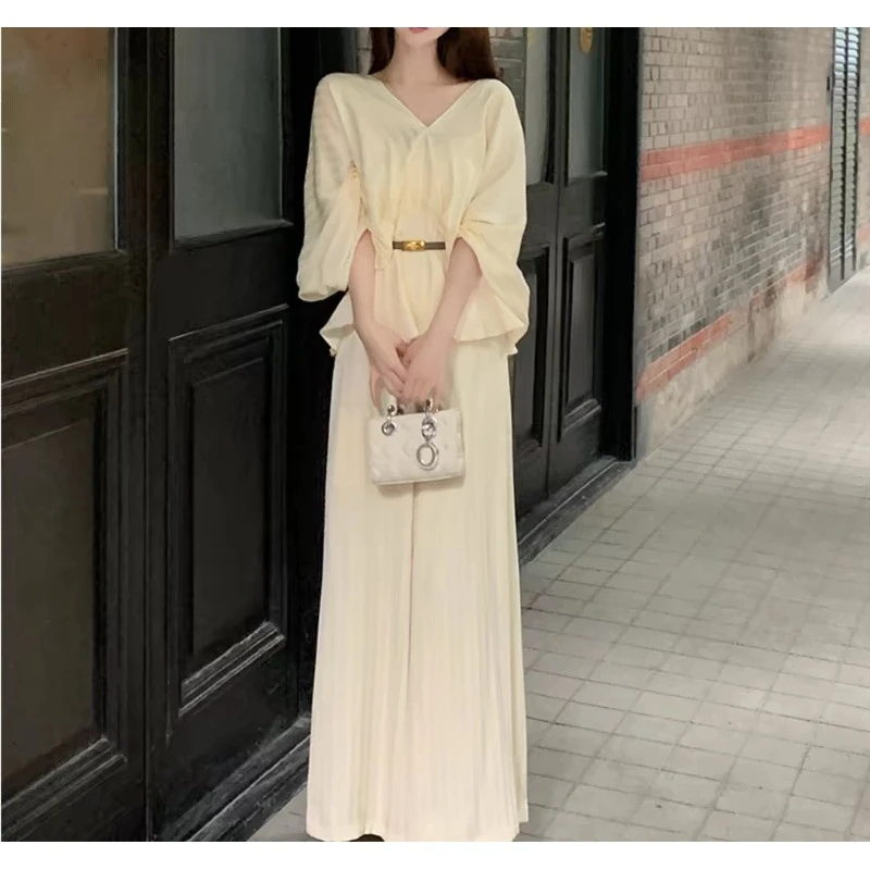 66222-G-1-1-1v领上衣坠垂感阔腿裤春韩系穿搭新款高级感气质套装