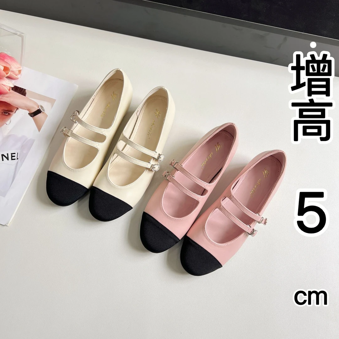 内增高女鞋小香风水钻扣带拼色芭蕾鞋外穿夏配裙子绝美超软小跟鞋