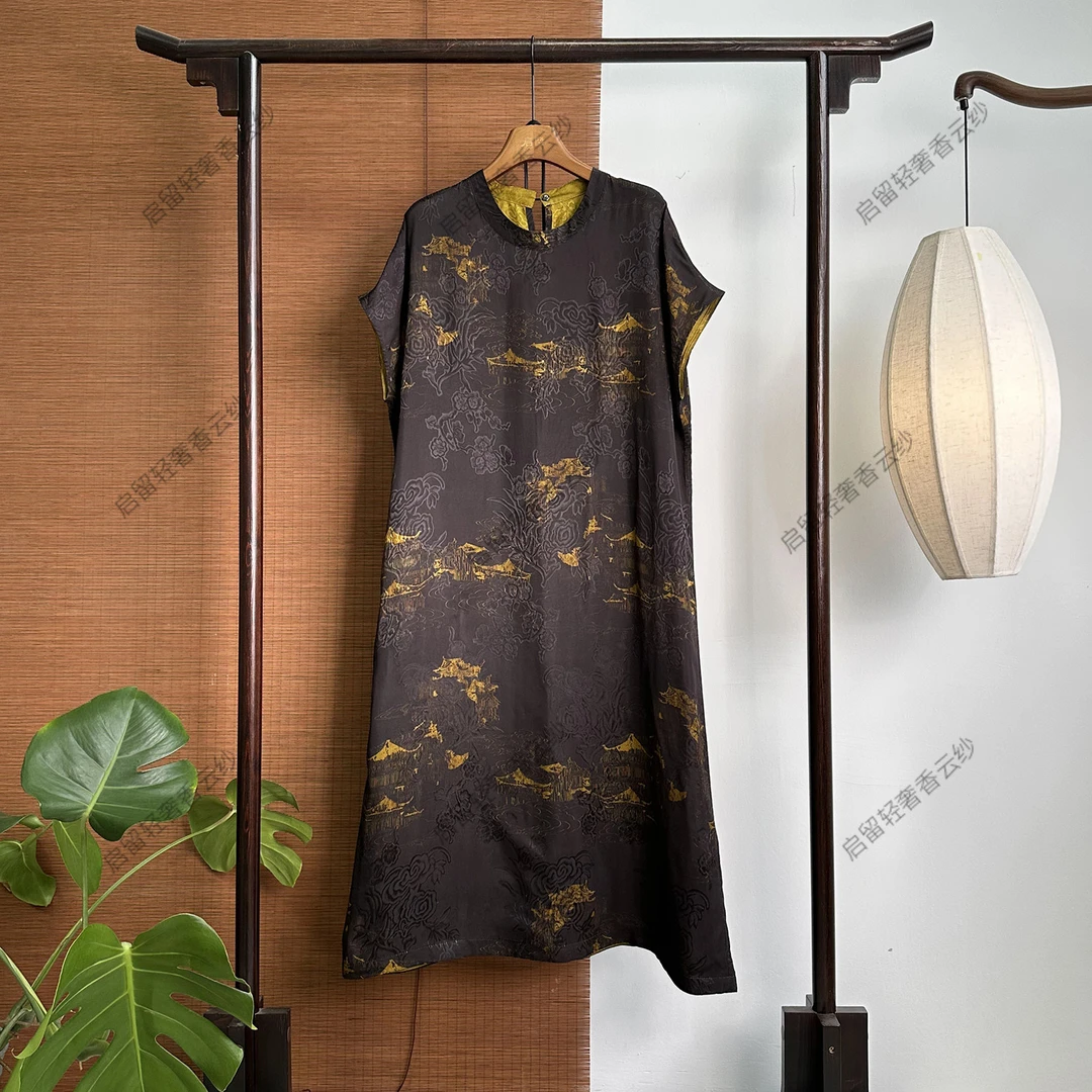 【250963】月宫 香云纱新中式40姆米 刻花连衣裙