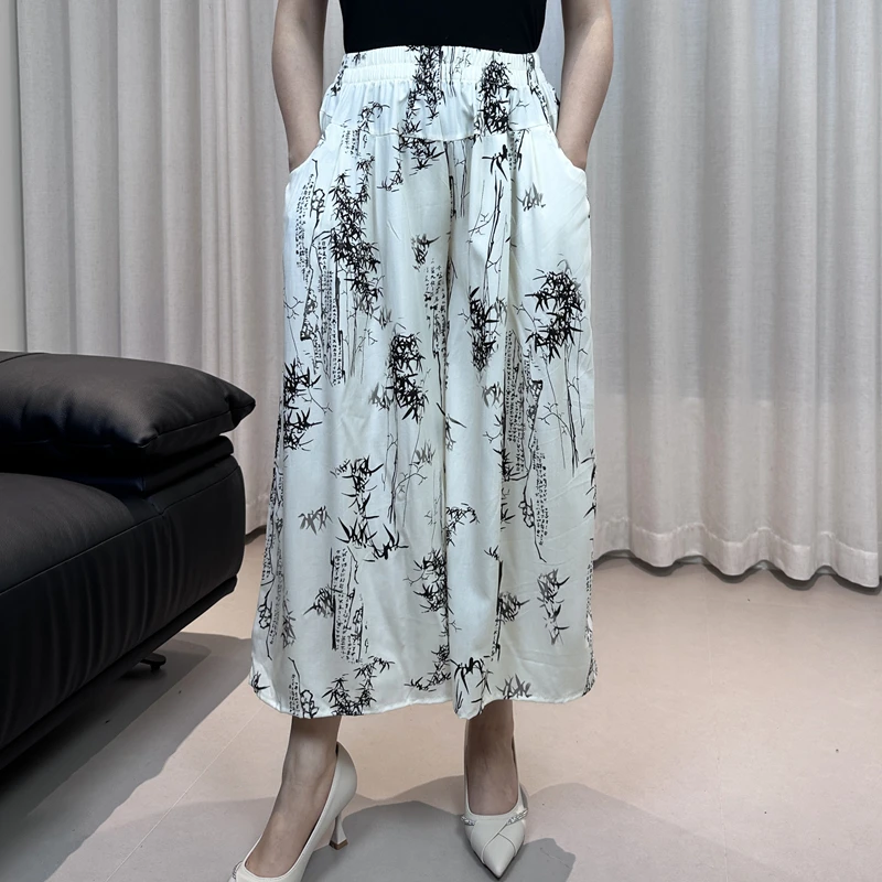新款夏季棉绸七分阔腿裤女高腰垂感裤子人造棉宽松薄款裙裤遛弯裤