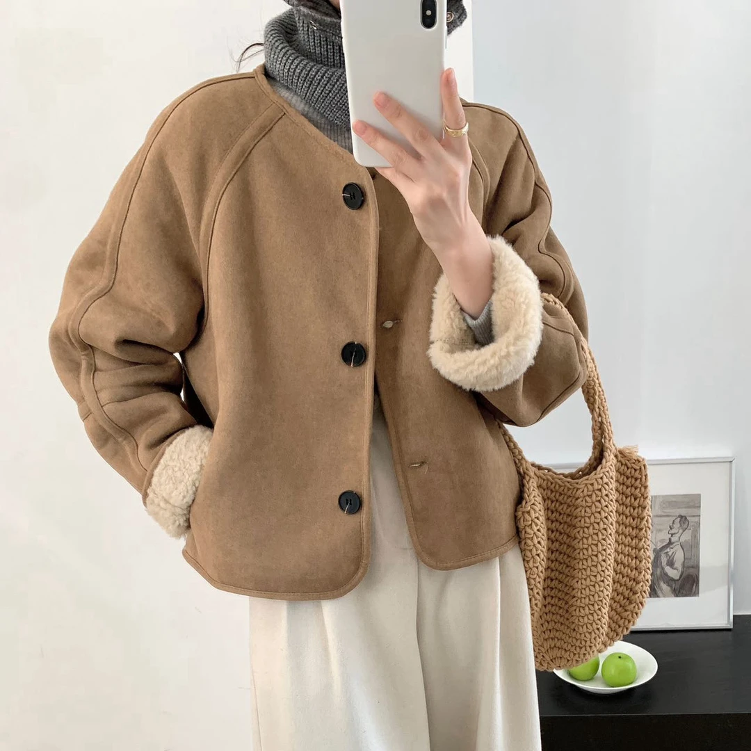 【12.18新品】2025新款冬季时尚百搭麂皮绒棉服羊羔毛内里加厚棉袄