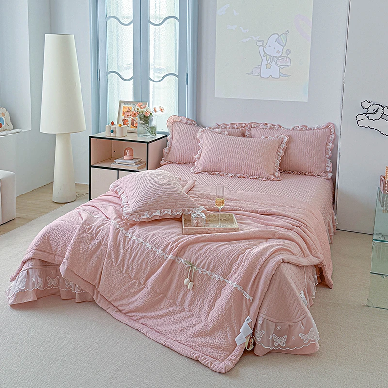 2025新款皱皱纱床盖夹棉夏被四件套亲肤纯色单双机洗人防滑绗缝
