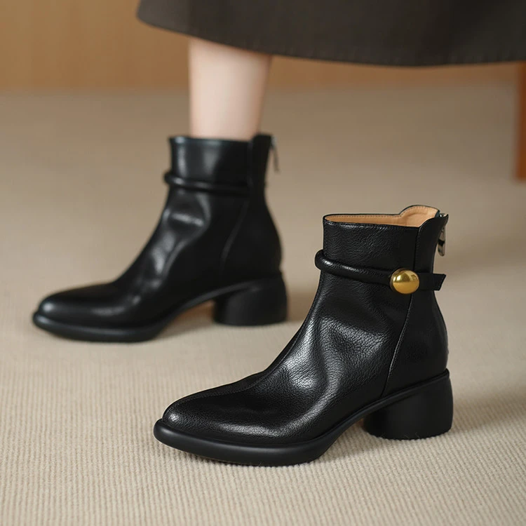 软牛皮~5cm复古风棕色真皮短靴高跟英伦风马丁靴厚底加绒粗跟短筒