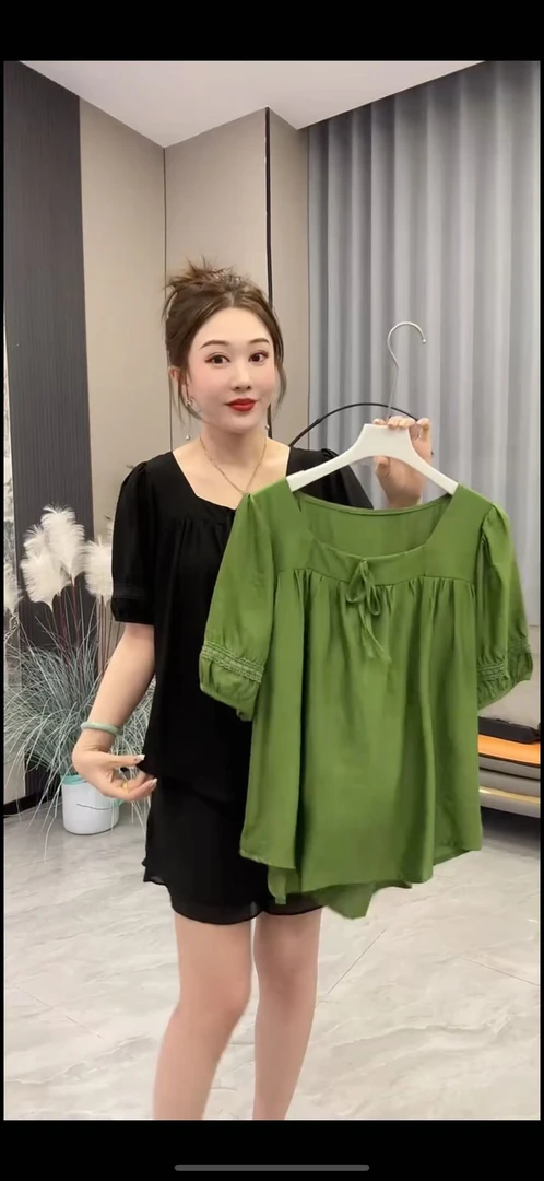 韩版系带方领麻衫2457