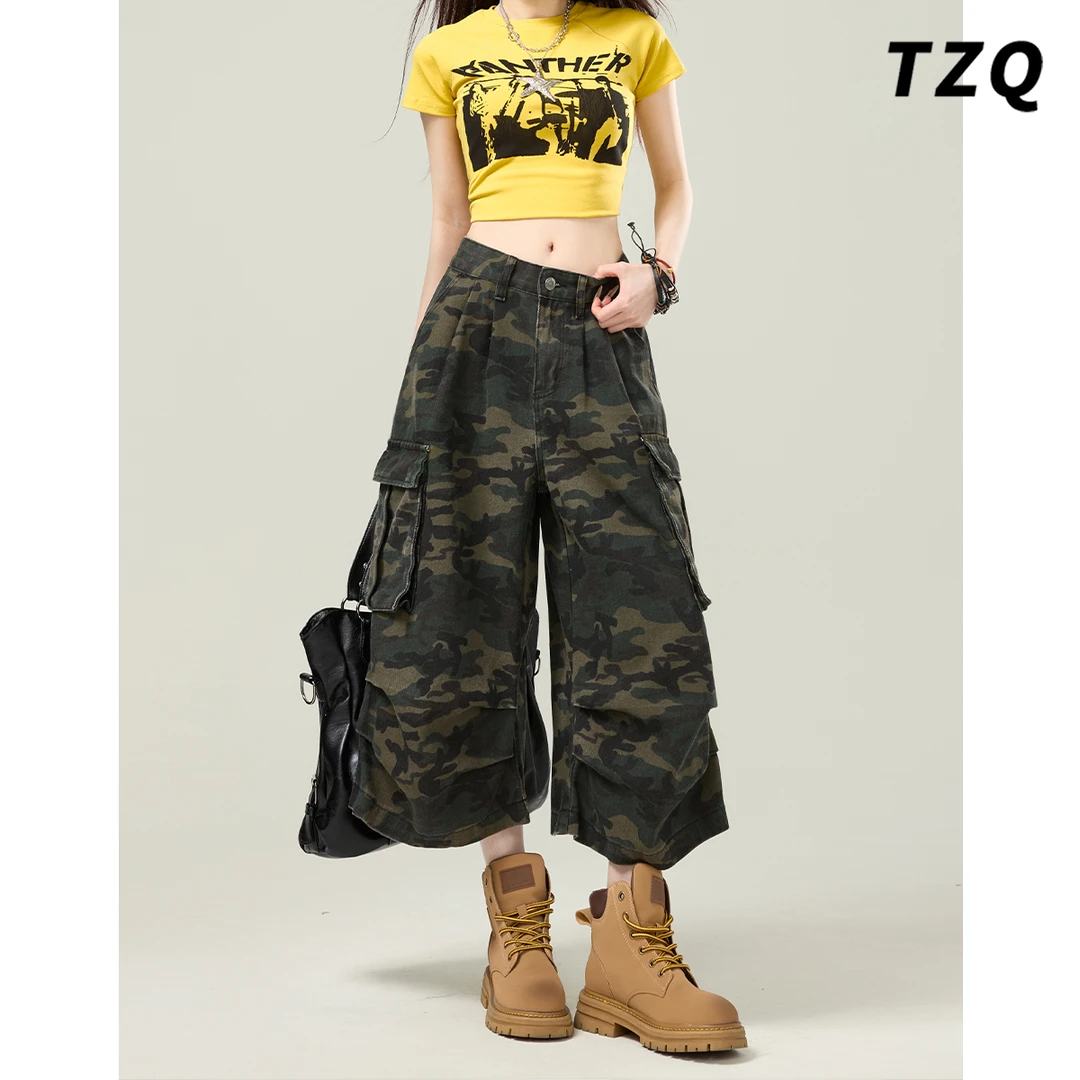 美式复古高腰迷彩牛仔裤女2025秋季宽松阔腿七分工装裤TZQ2540320