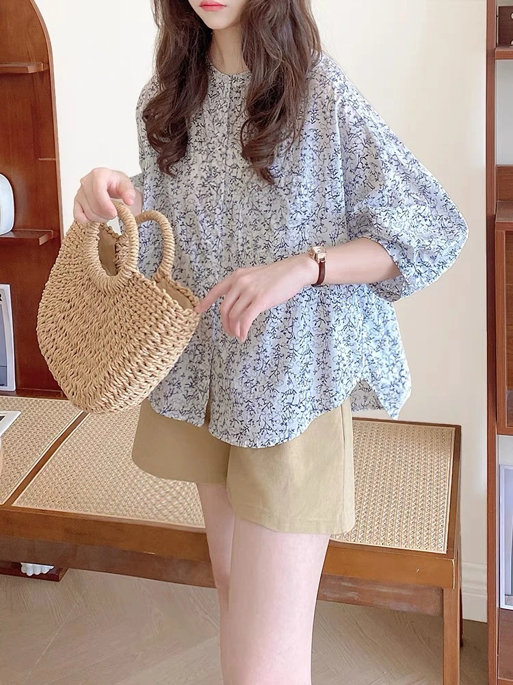 娃娃衫上衣女夏新款韩系圆领茧型龟背设计感碎花棉质中袖衬衫