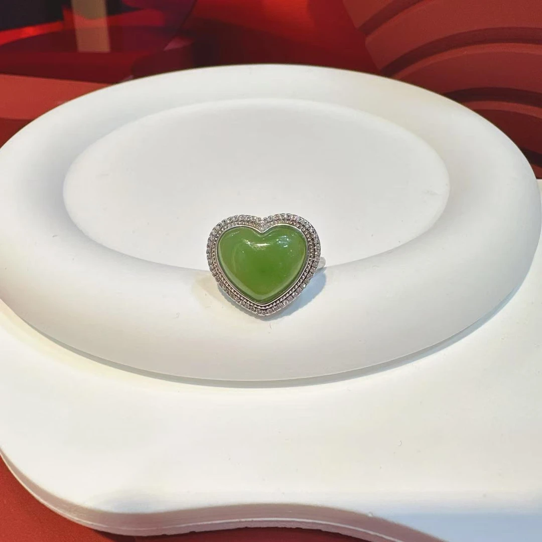 S925银双圈14mm碧玉爱心戒指HNZ11005