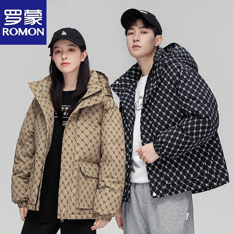 Romon/罗蒙男士轻奢连帽羽绒服新款印花韩版休闲百搭潮流外套