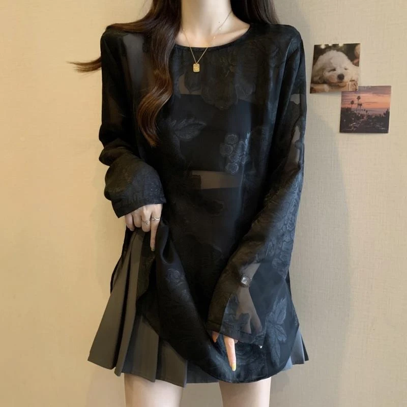 中长款雪纺上衣女夏遮屁股下装消失欧货大版透视遮手臂长袖T恤秋