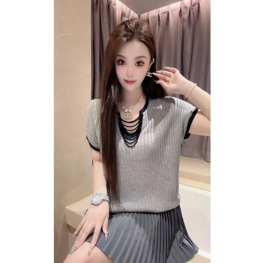 JY&JY橙子大大【快乐当下】重工钉珠撞色冰丝短袖T恤上衣 16361