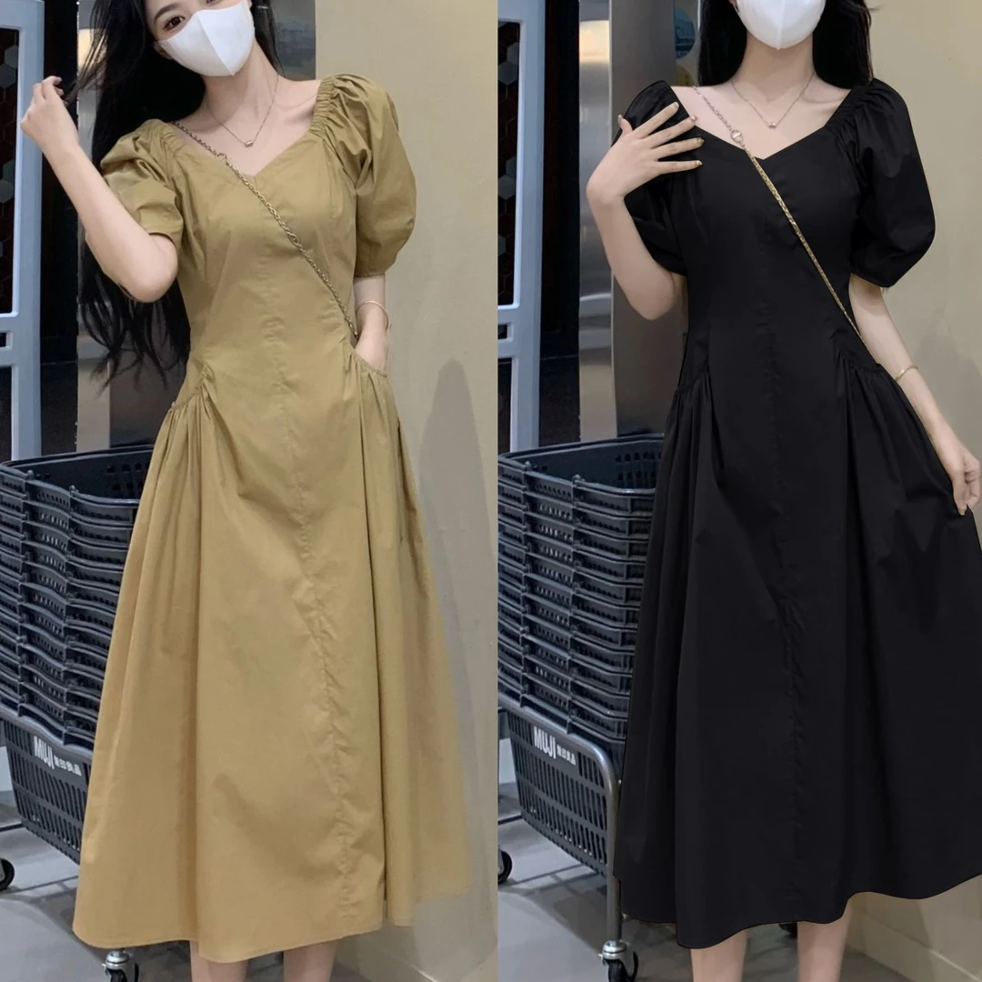 （万万专属）大码法式V领泡泡袖短袖连衣裙收腰简约显瘦高级感1503