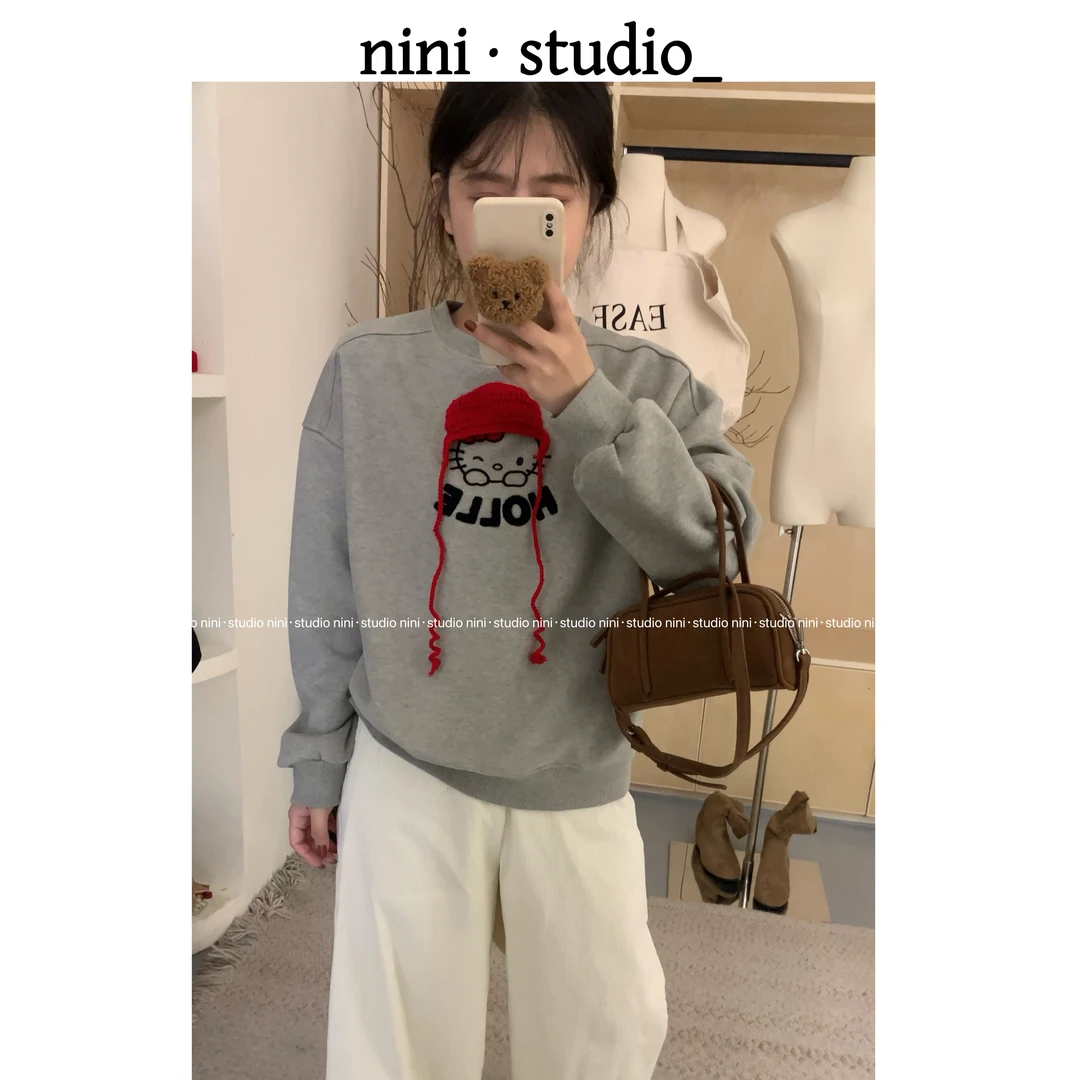 nini·新年红帽子猫刺绣重工韩系ins风宽松卫衣