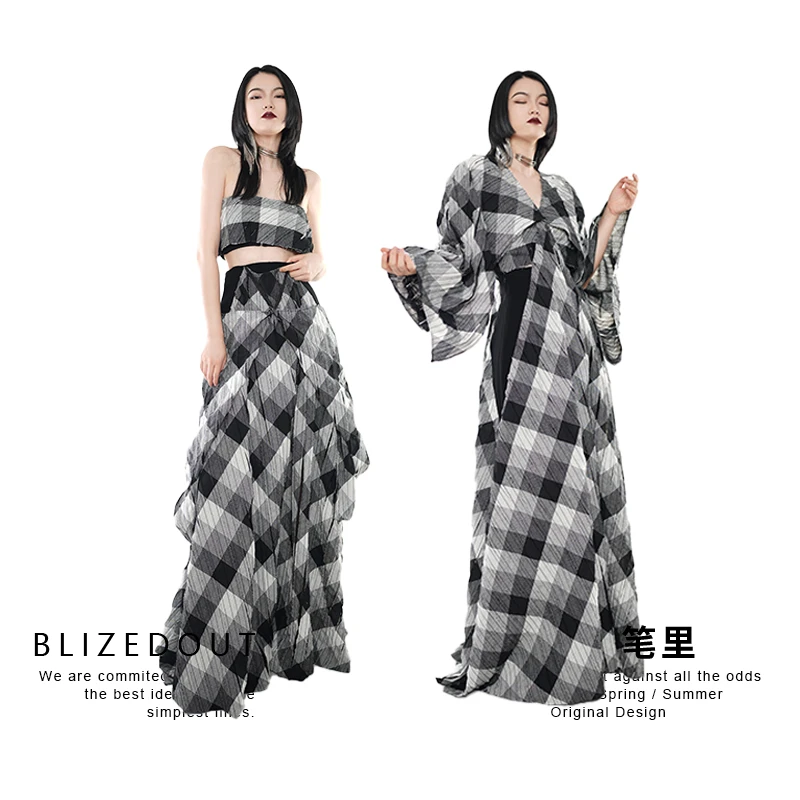 笔里【BLIZEDOUT】独立设计5052801黑白格两穿半身裙/连衣裙 含抹胸