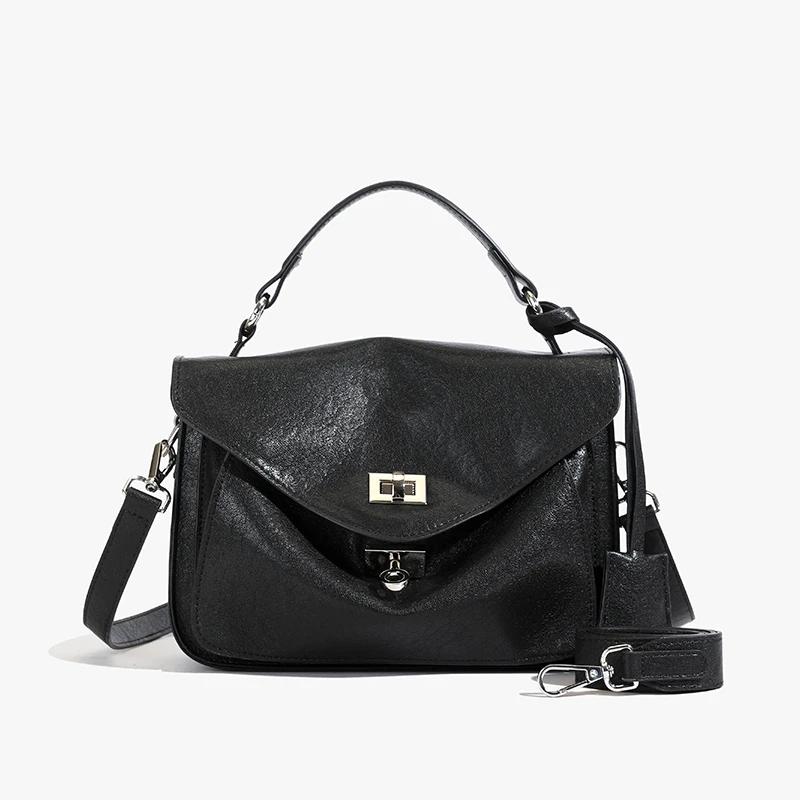小众轻奢时尚复古邮差包2025新款高级质感百搭斜挎包-9146黑色