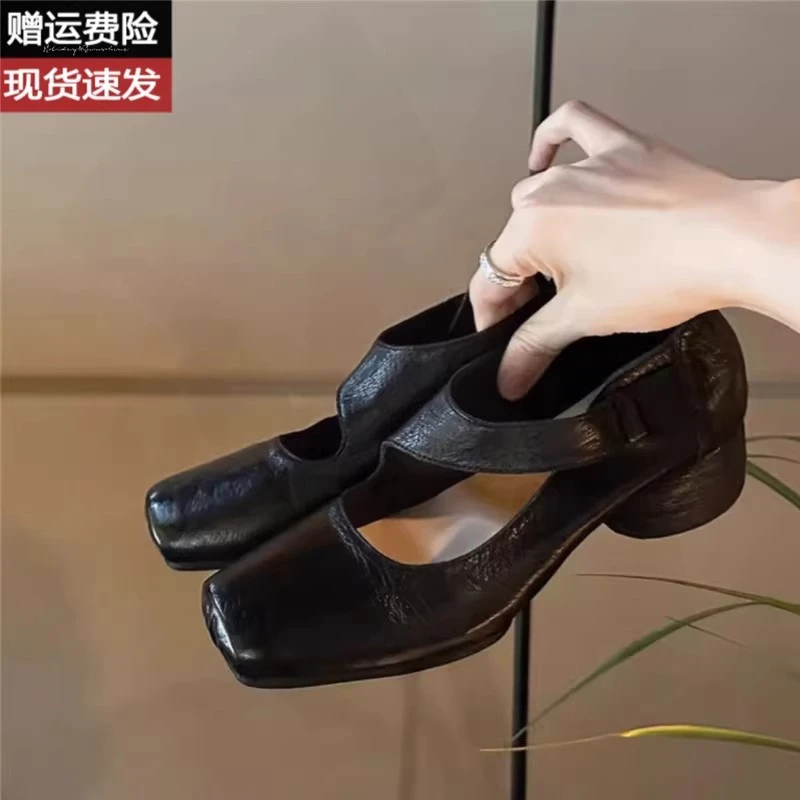 超软羊皮~高级感真皮方头粗跟玛丽珍鞋女秋复古芭蕾鞋小皮鞋单鞋