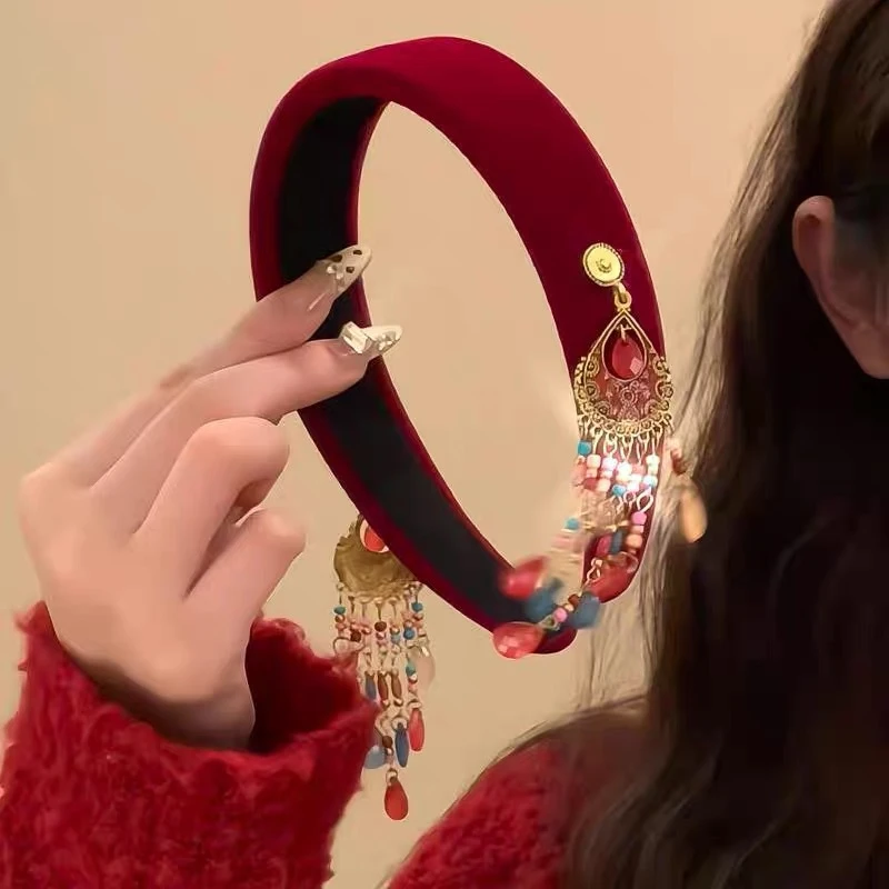 复古宫廷风新年红丝绒流苏发箍高颅顶轻奢头箍气质甜美民族风发饰