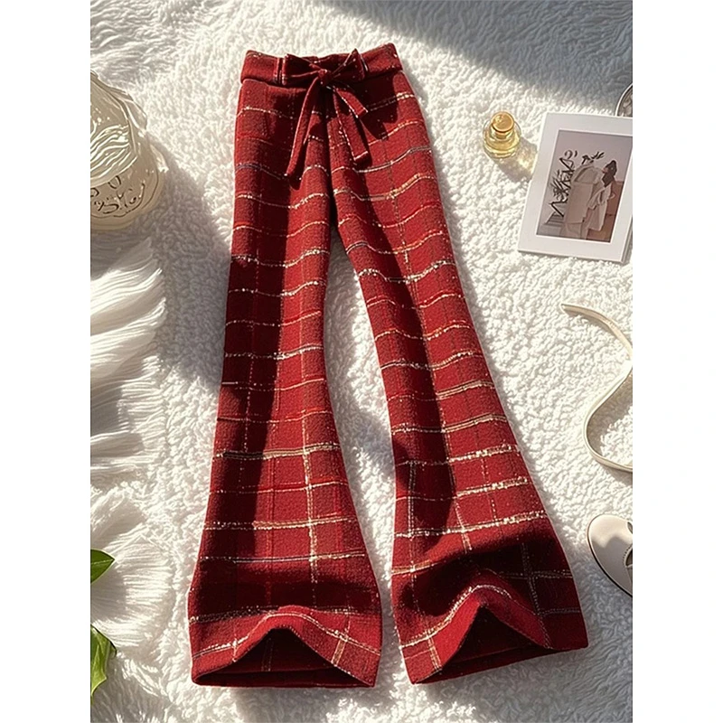 欧货2025年新款本命年洋气时髦别致高腰显瘦红色格纹微喇阔腿裤潮