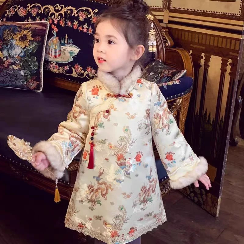 现货【龙凤】GF030女童冬季加绒国风旗袍裙拜年服