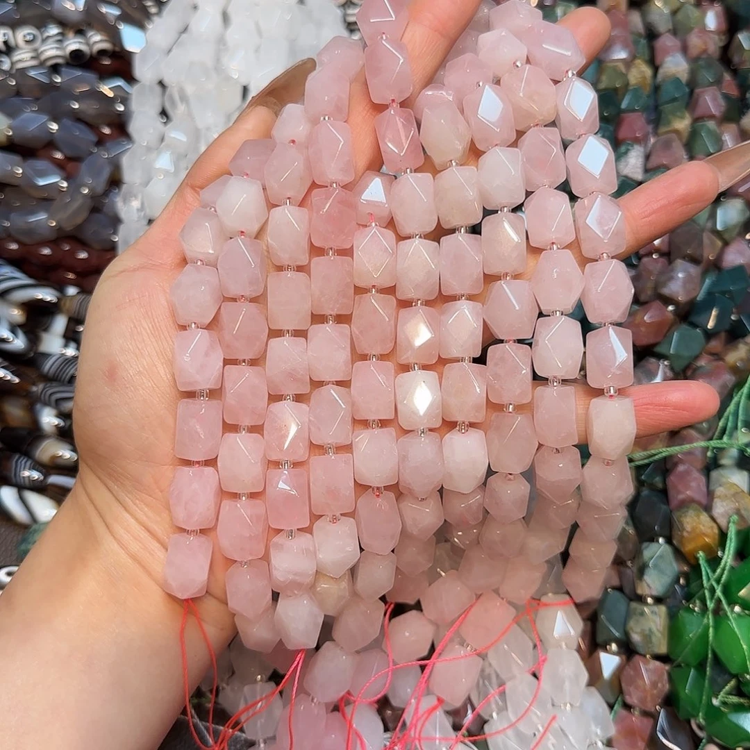 玛瑙/玉髓未镶嵌珠宝半成品粉水晶长八棱一条10✖️14mm