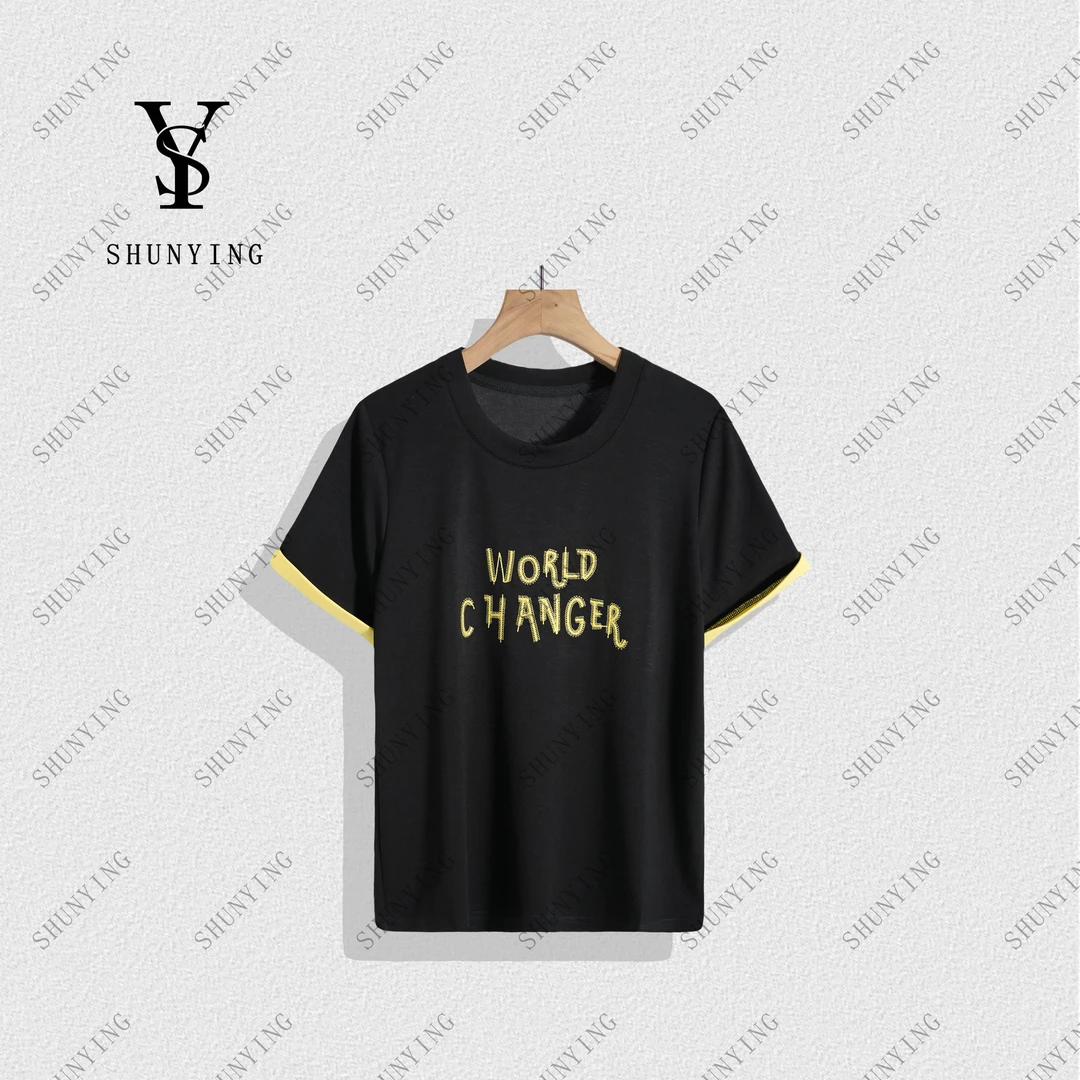 【顺瀛】柔软细腻~时尚百搭气质圆领撞色刺绣字母短袖T恤SY71T6758