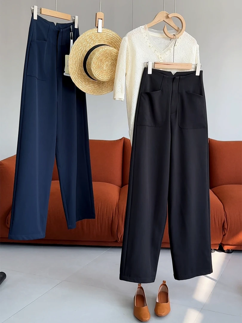 欧货黑色小众设计感高腰弧形休闲西装裤女早秋2024气质时尚阔腿裤