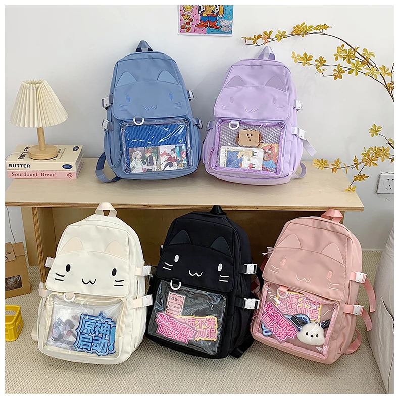禾果铺子小猫书包大容量双肩背包透明吧唧痛包可爱二次元百搭