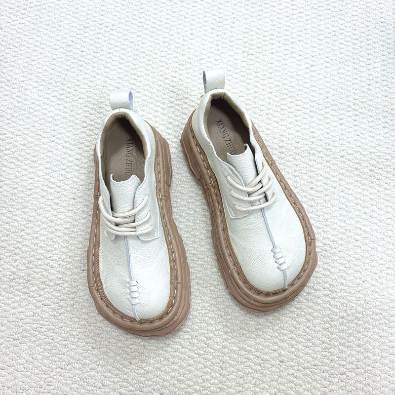 X719-56手工原创牛皮大头丑萌鞋女厚底增高休闲系带松糕单鞋子女