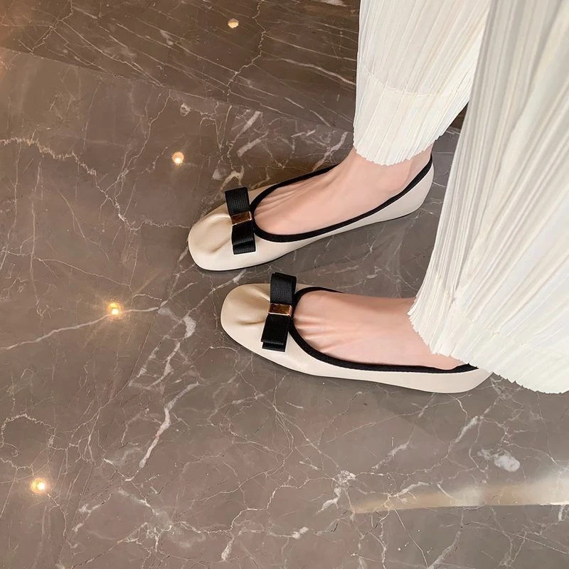 浅口蝴蝶结气质复古豆豆鞋平底单鞋夏季百搭粗跟法式奶奶鞋小香风