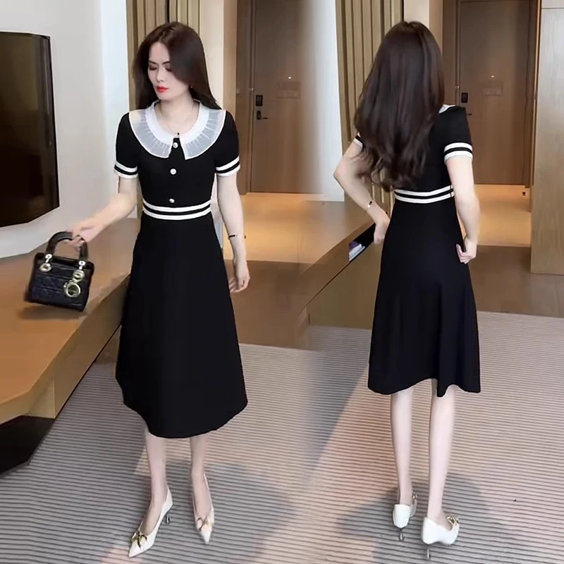 黑色连衣裙女夏季2025新款法式时尚洋气收腰显瘦中长款短袖连衣裙