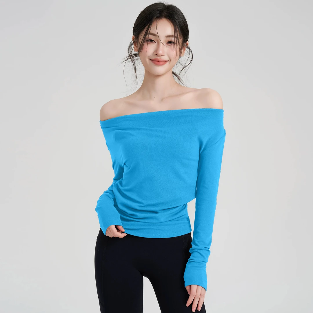 荡领瑜伽服一件三穿秋冬收腰斜肩一字肩性感T恤长袖外穿健身衣女