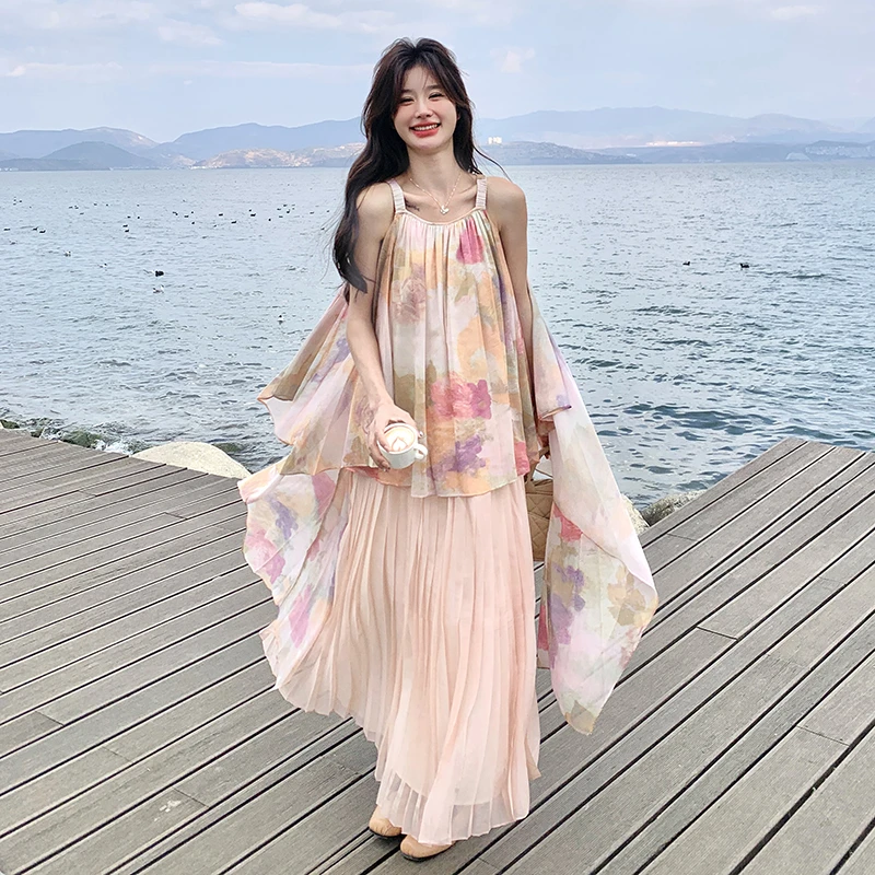 粉色超好看海边度假风假两件连衣裙女2025夏季新款网纱印花吊带裙