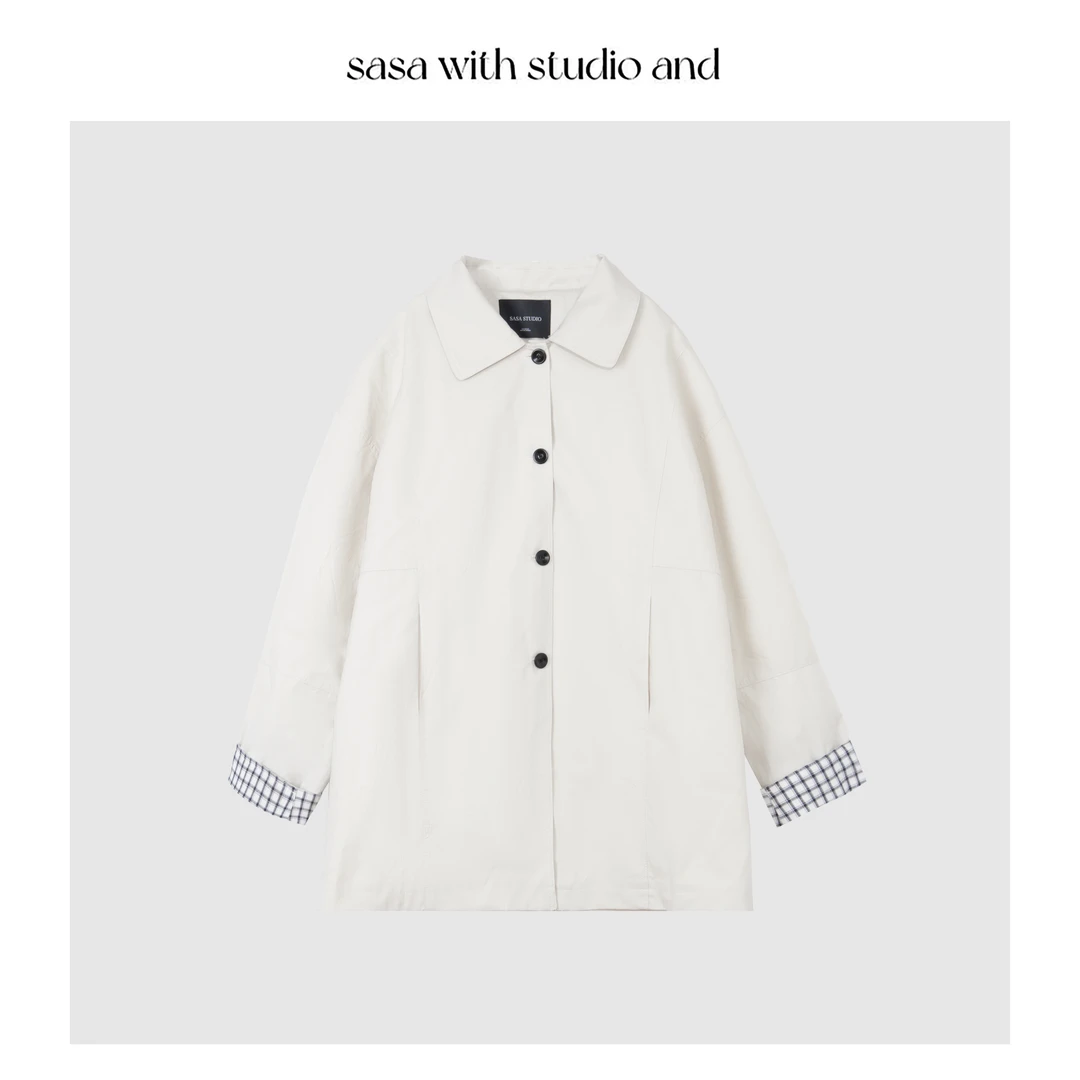 春款翻领时尚风衣格子袖口拼接设计宽松外套 AN66098