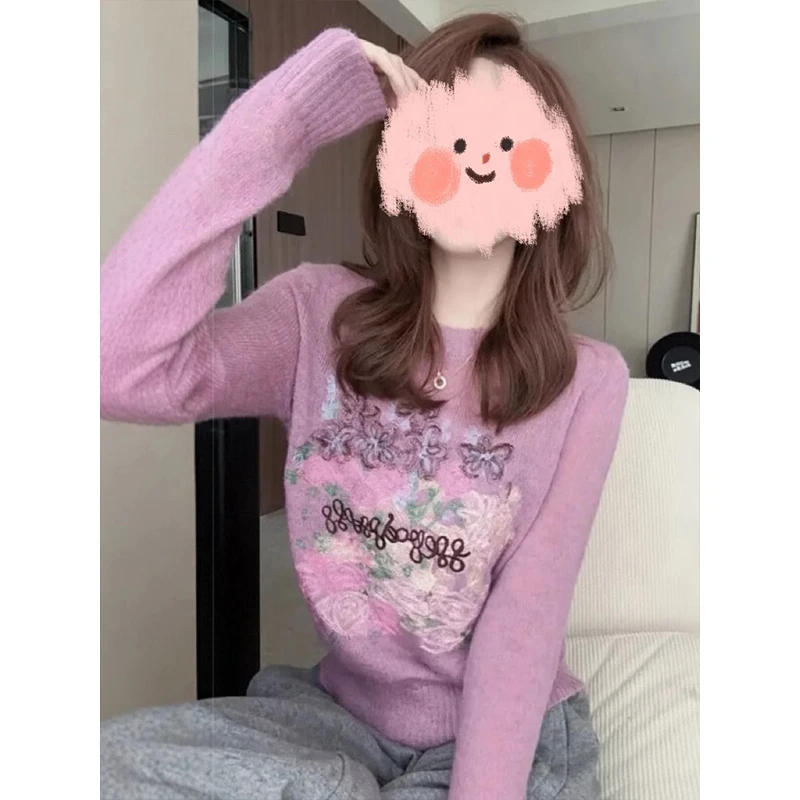 洋气刺绣圆领针织打底衫女冬季新款时尚休闲显瘦长袖百搭毛衣上衣