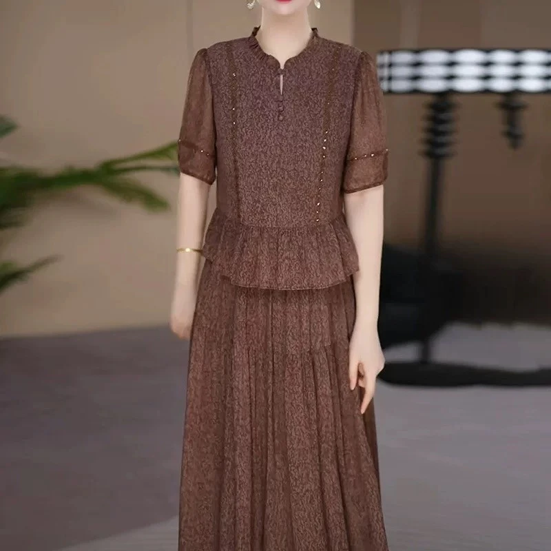 时尚妈妈装夏季短袖连衣裙中老年女士夏装气质显瘦假两件大码裙子