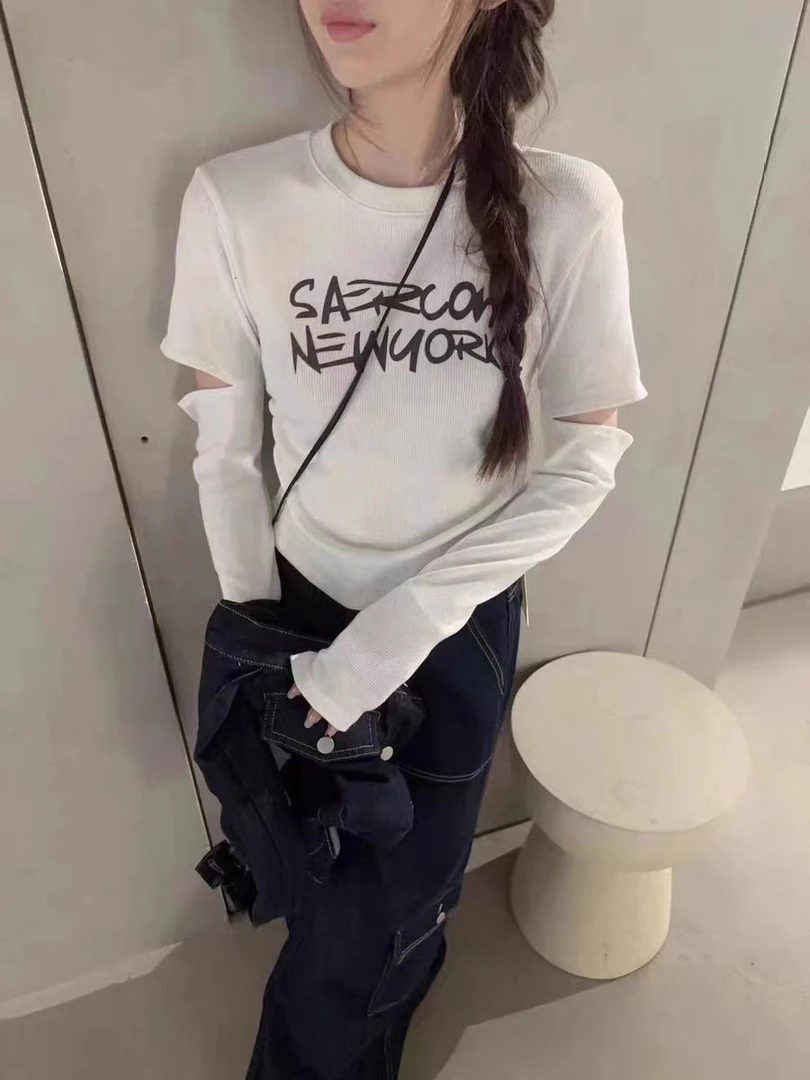 8766春季印花字母T恤捏褶修身上衣显瘦女