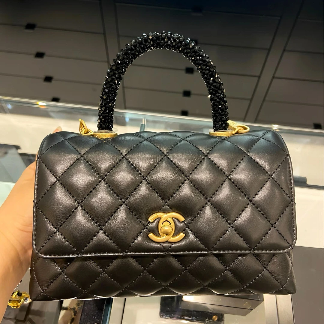 99新 Chanel/香奈儿 1466|香奈儿黑金牛芯片新款水钻coco单肩包手