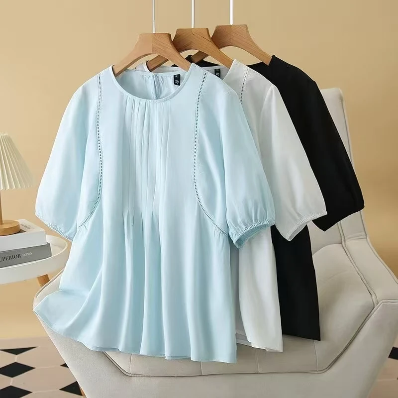 2025夏季新款短袖T恤宽松上衣遮肚子藏肉五分袖上衣 百衣汇