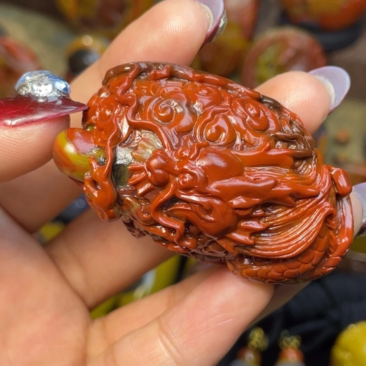 玛瑙/玉髓足银镶嵌珠宝奇石鸽血红龙戏珠3600