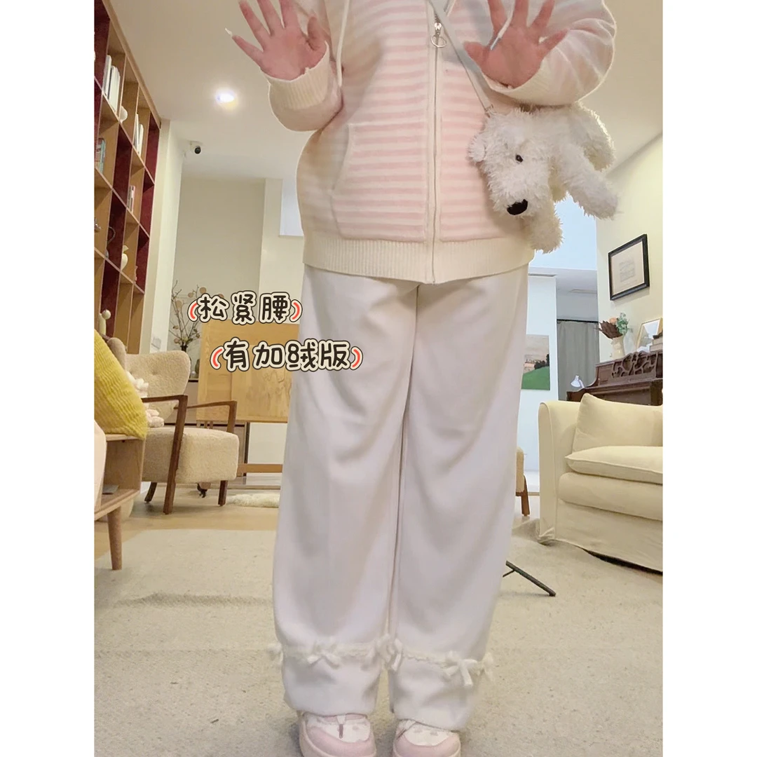 叶子定制【绒绒奶霜裤】大码甜妹秋冬款胖mm蝴蝶结加绒加厚直筒裤