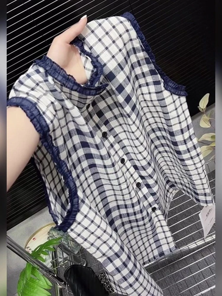 文艺范复古风拼接花边格纹无袖上衣夏季薄款时髦小众显瘦圆领背心