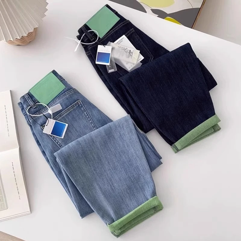 撞色夏季薄款哈伦牛仔裤梨形身材高腰宽松显瘦小个子九分老爹裤子