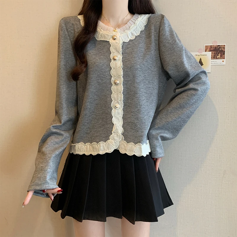 胖mm长袖衬衫女秋装新款小香风法式蕾丝花边大码显瘦减龄短款上衣