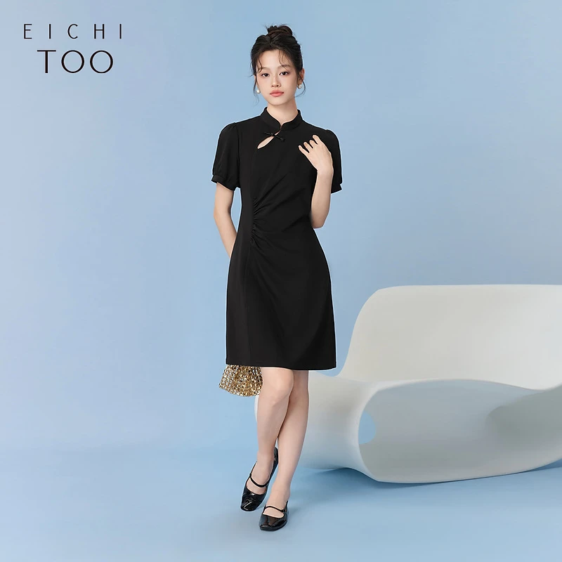A爱居兔女装夏季立领盘扣设计新中式短袖连衣裙小黑裙EQLBJ2P730A
